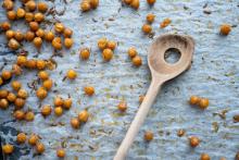 fried chickpeas scattered on a baking paper with wooden spoon and hole in the spoon and some caraway or cumin seeds speckled